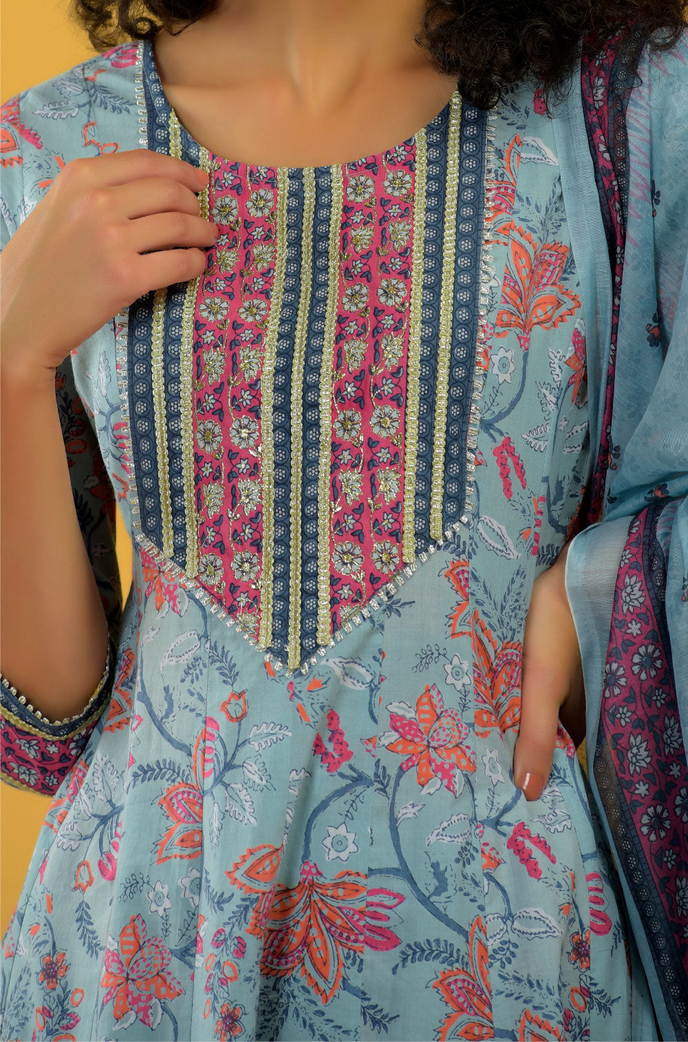 Printed Cotton Cambric Anarkali Set with Lace & Dupatta