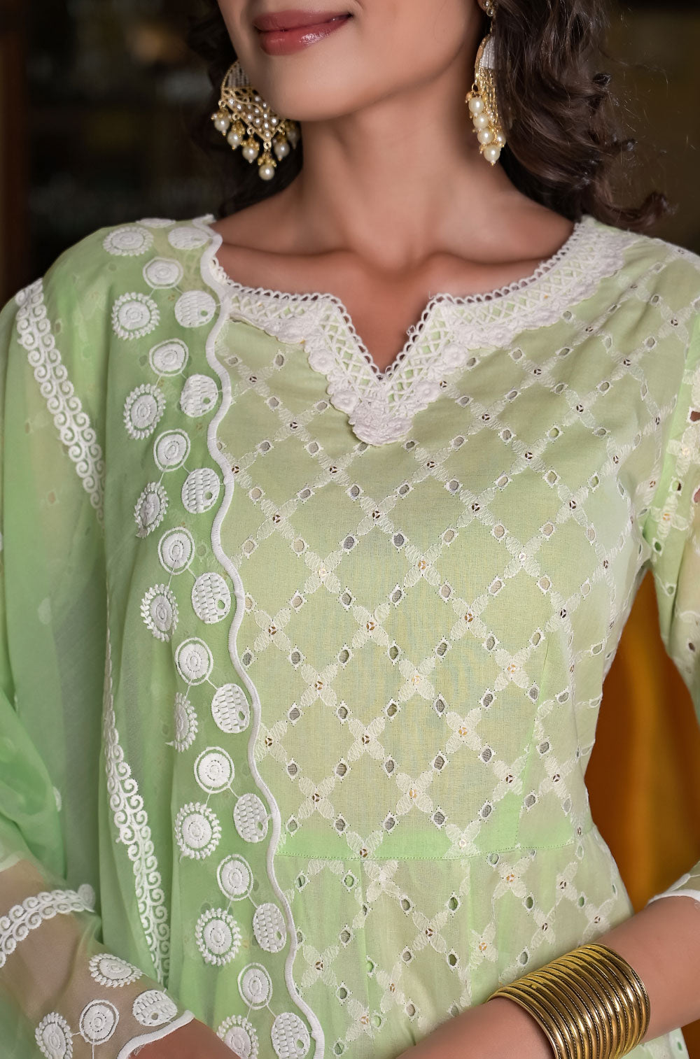 Empire chikankari pure cotton 3 pcs anarkali set with trousers and organza dupatta