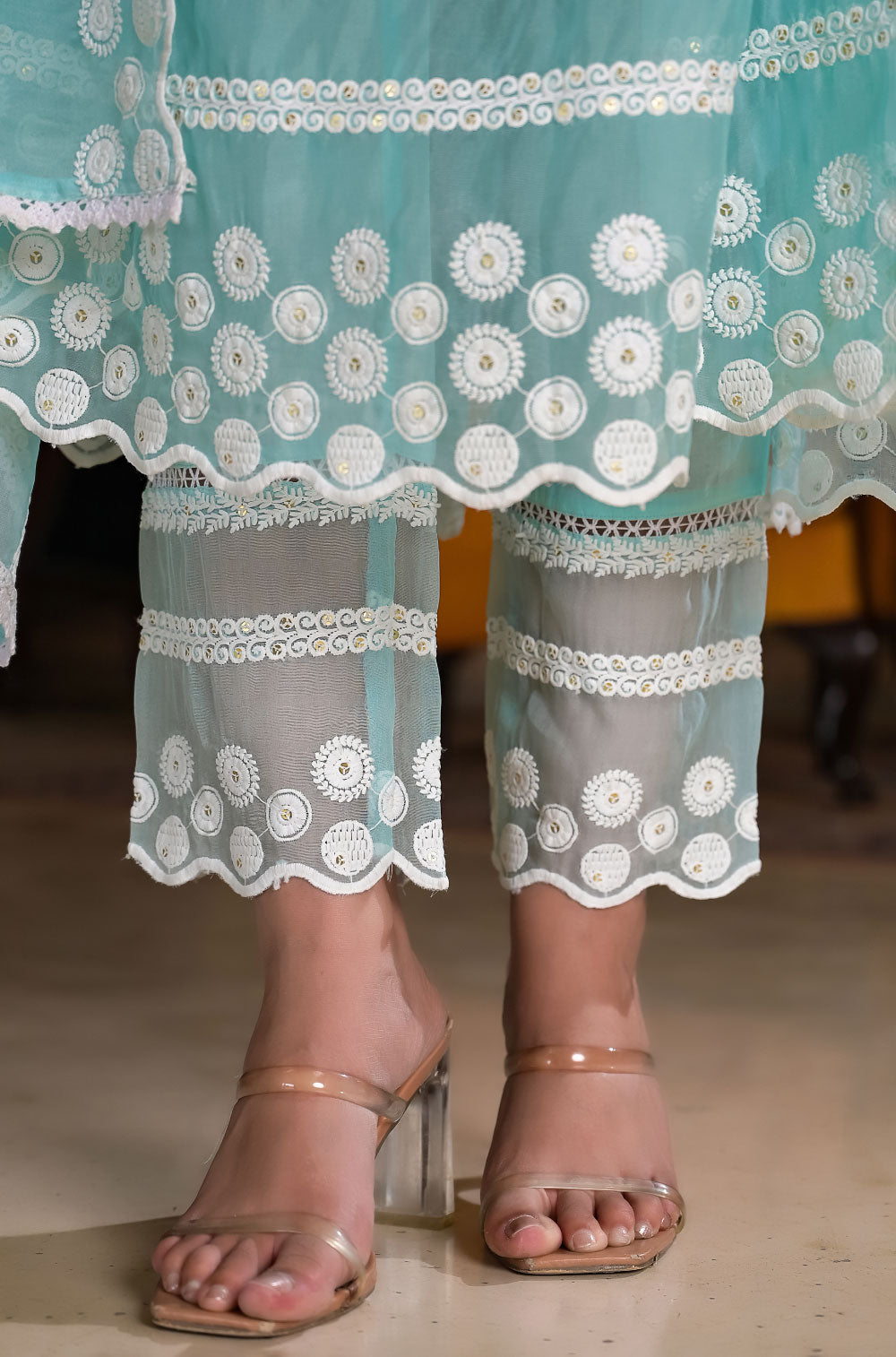 Pastel Chikankari Anarkali Set in Sea Green Cotton