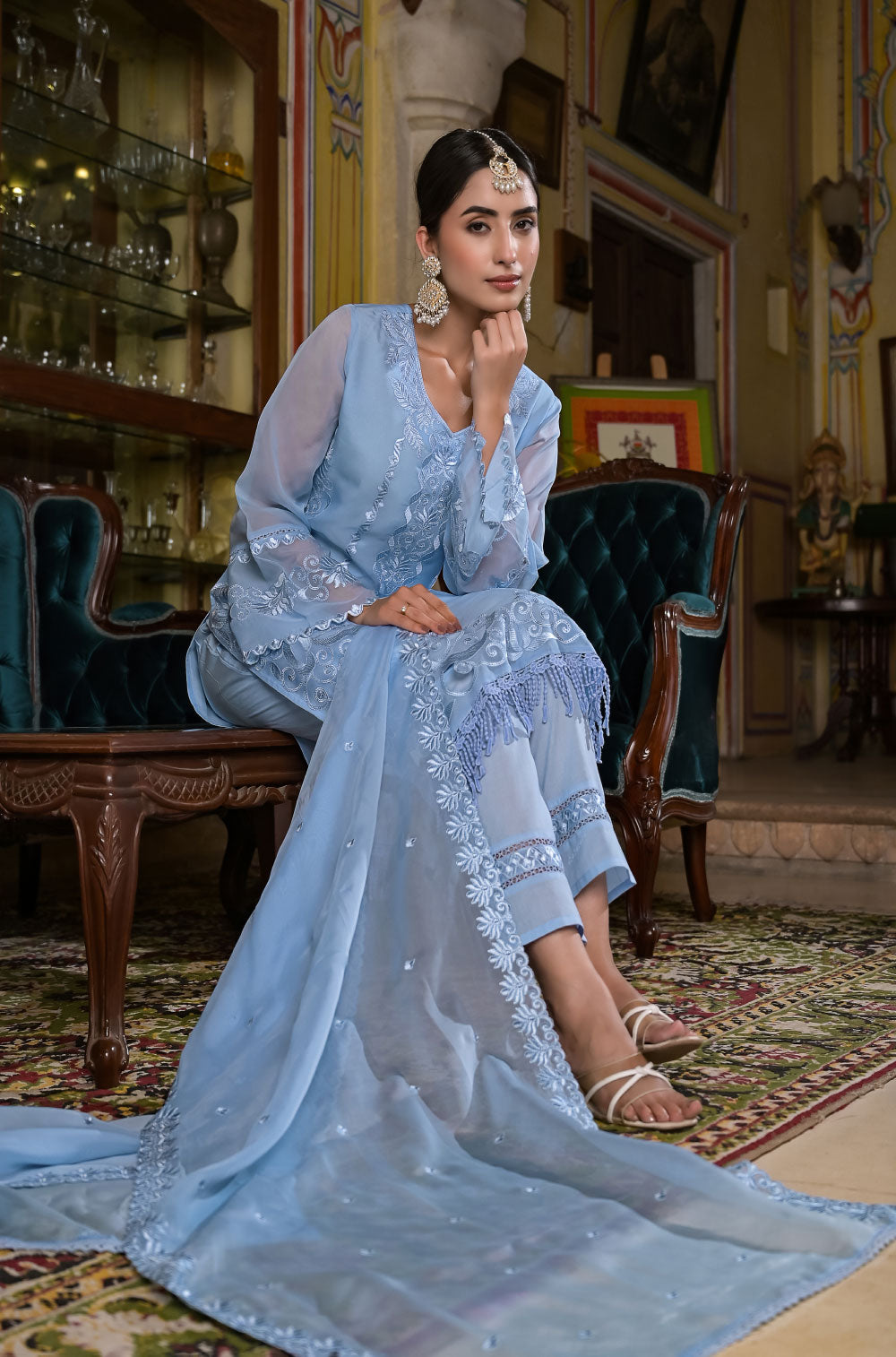 Powder Blue Organza 3-Piece Kurta Set with Delicate Cut Work Embroidery