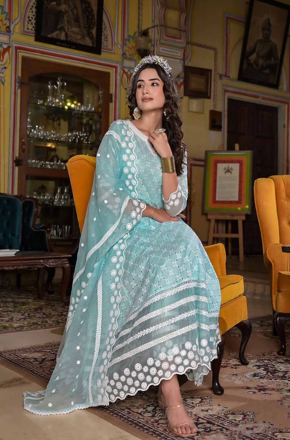 Pastel Chikankari Anarkali Set in Sea Green Cotton