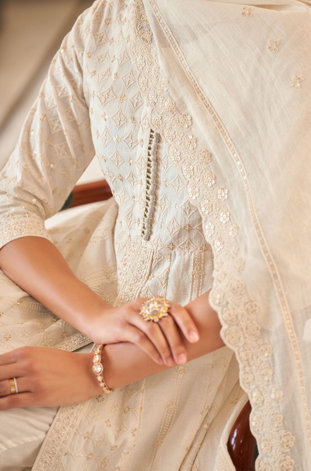 Embroidered in Gold - Off-White Chikankari Anarkali 3-Piece Set