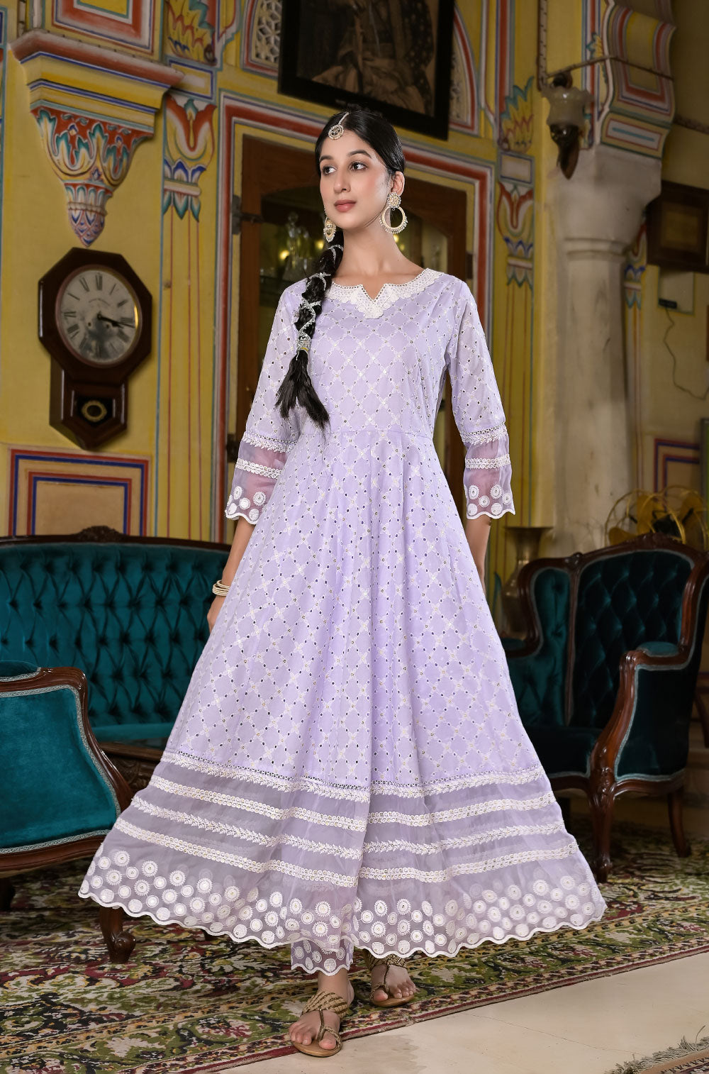Anarkali Elegance with Delicate Chikankari & Sequined Charm , 3 pcs set with Organza dupatta