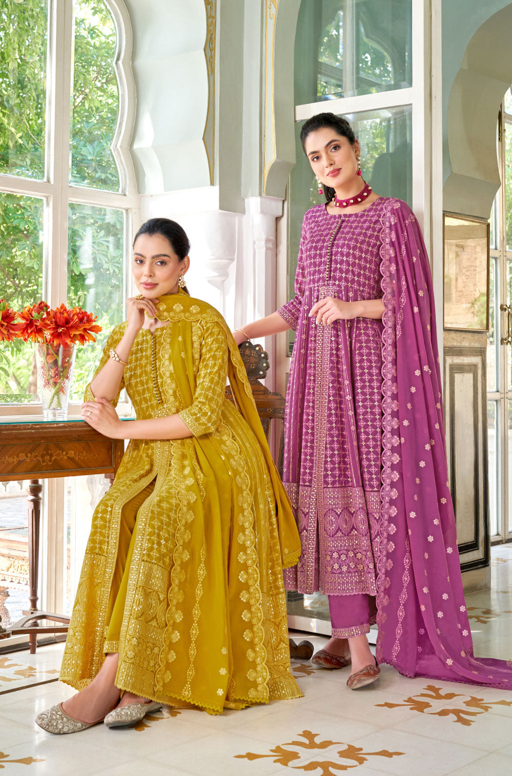 3-Piece Mustard Yellow Georgette Anarkali Set with Chikankari & Gold Sequins.