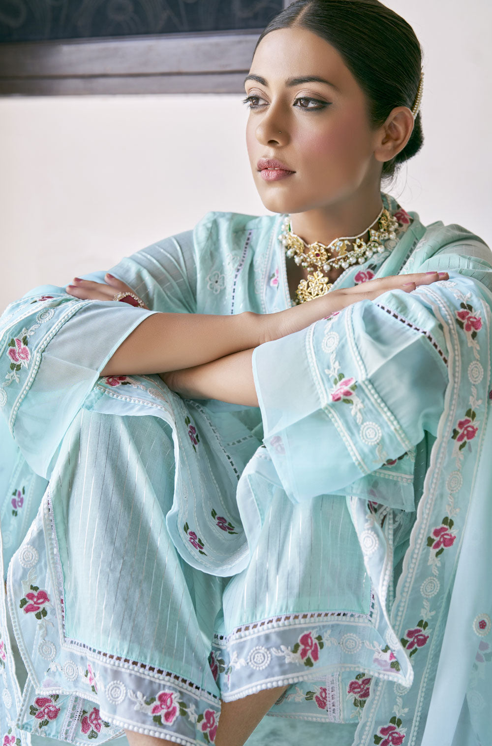 Aqua Cotton Kurta 3-piece Set with Exquisite Chikankari & Embroidery