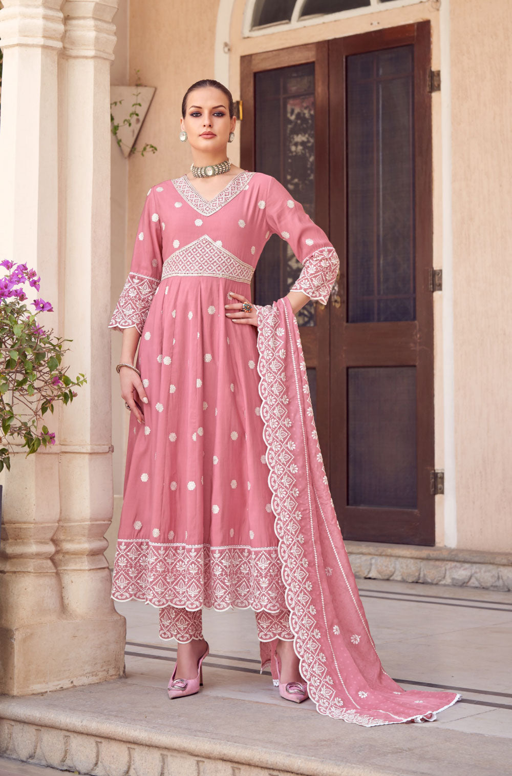 The Mauve Pink Anarkali Set with Handcrafted Embellishments