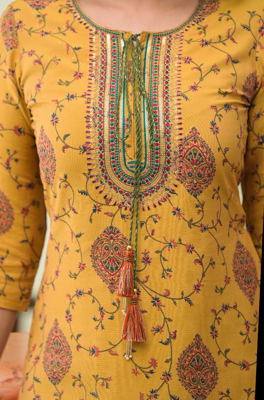 Mustard 3-Piece Kurta Set with Embroidered Charm & Digital Dupatta