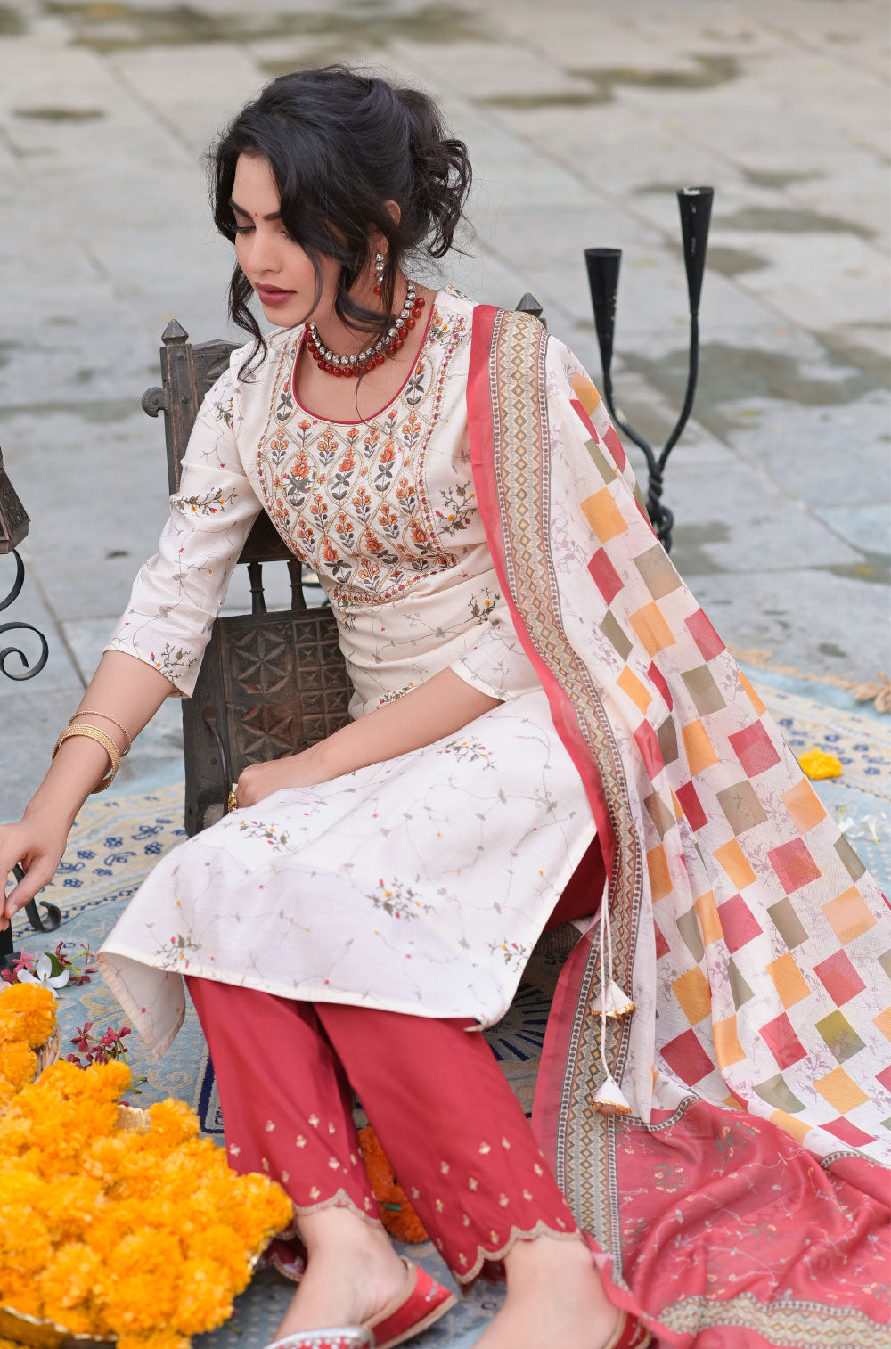 Cream Silk Blend 3-Piece Kurta Set with Embroidered Yoke Tassels & Dupatta