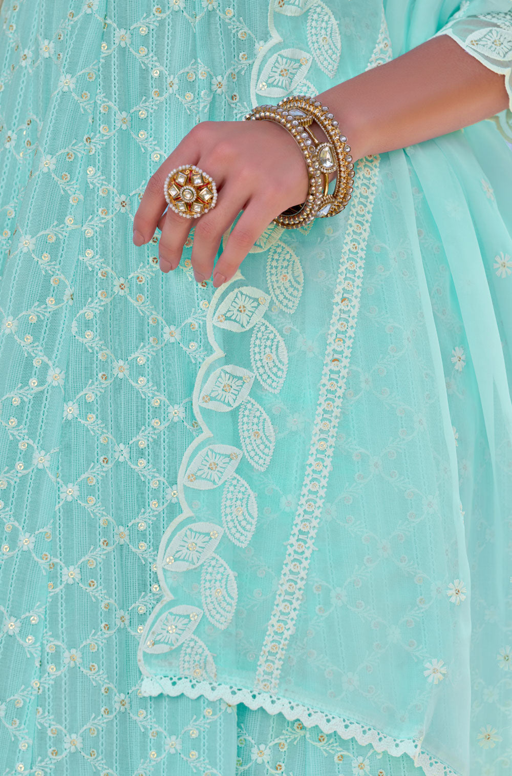 Cotton Lino Dobby 3 pcs Anarkali Set with Organza Dupatta