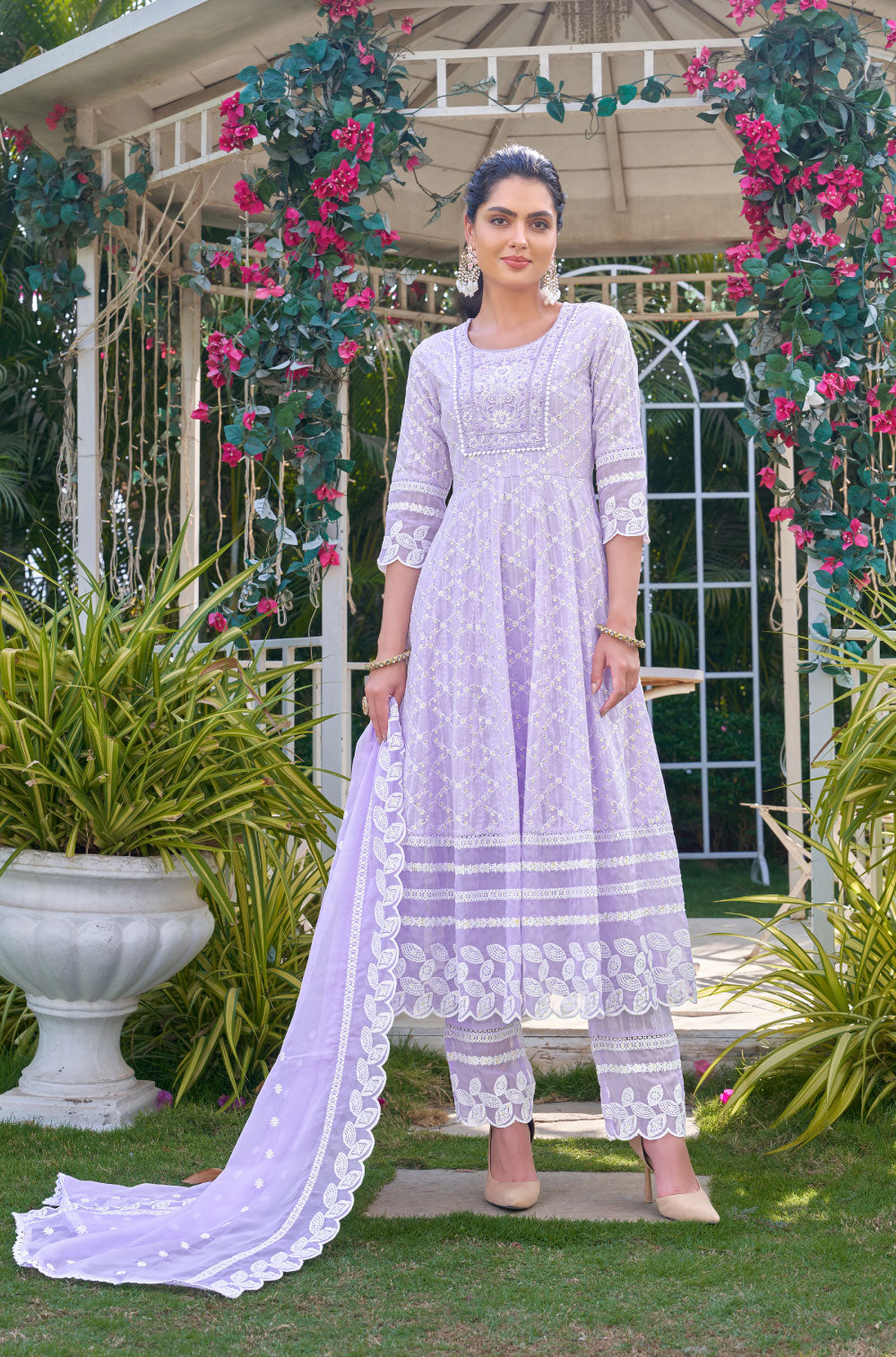 Alluring Cotton Lino Dobby 3 pcs Anarkali Set With Organza Dupatta