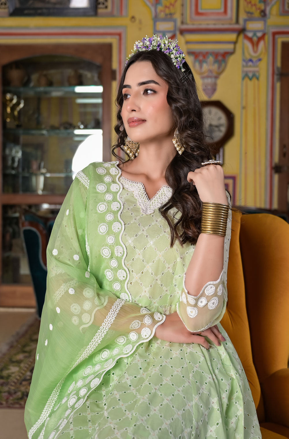 Empire chikankari pure cotton 3 pcs anarkali set with trousers and organza dupatta