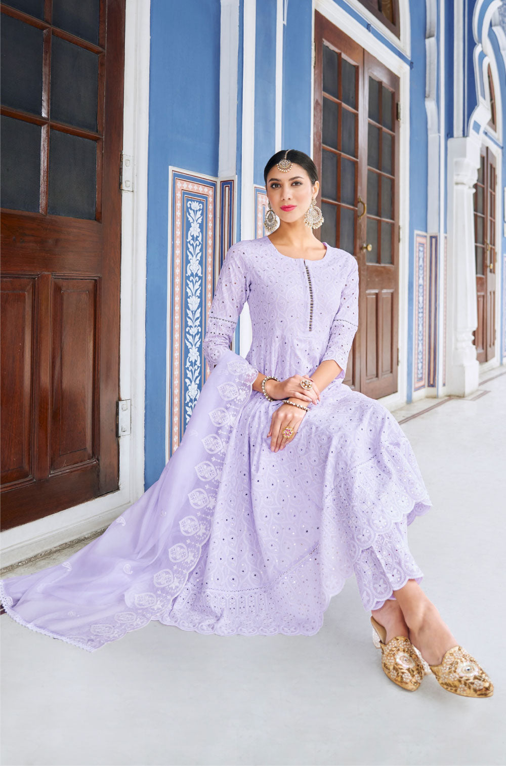 Anarkali Set with Organza Dupatta & Handcrafted Chikankari