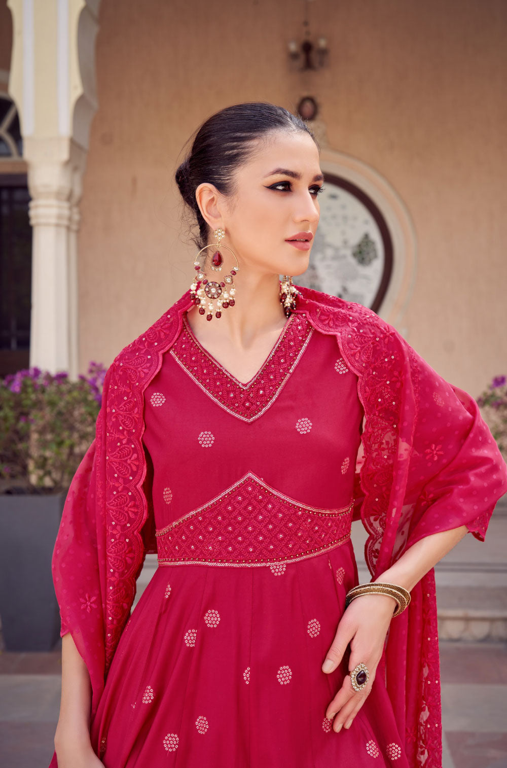 Anarkali Set in Fuchsia Pink with Organza Embroidered Dupatta