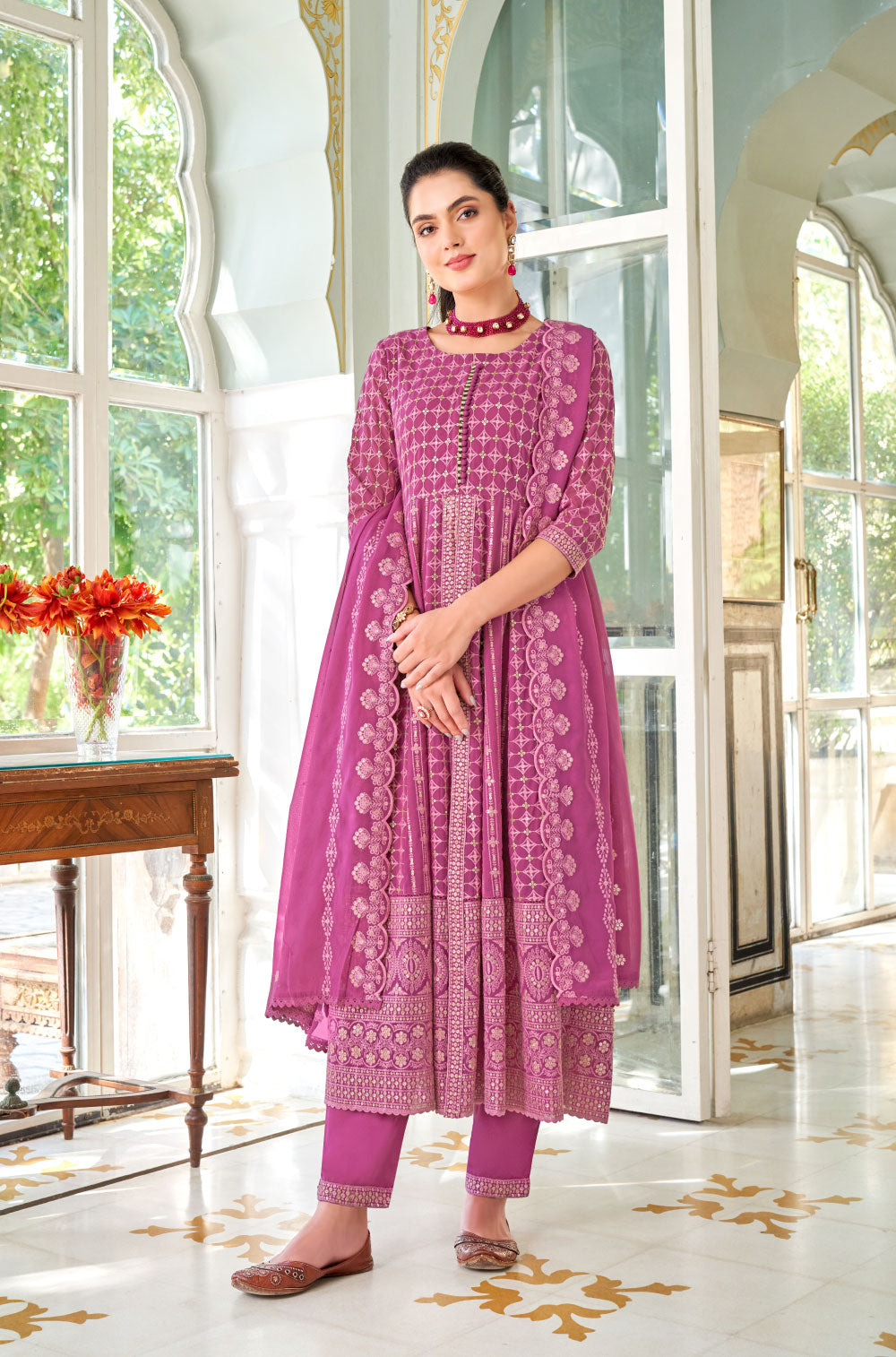 3-Piece Georgette Anarkali Set with Chikankari and Sequins