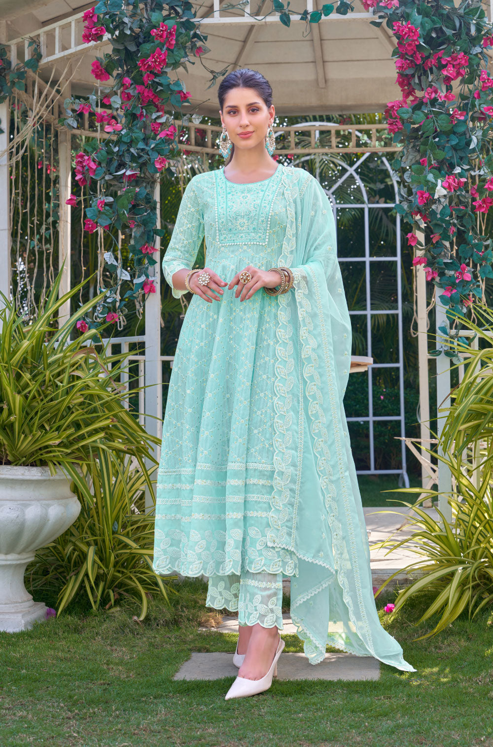 Cotton Lino Dobby 3 pcs Anarkali Set with Organza Dupatta