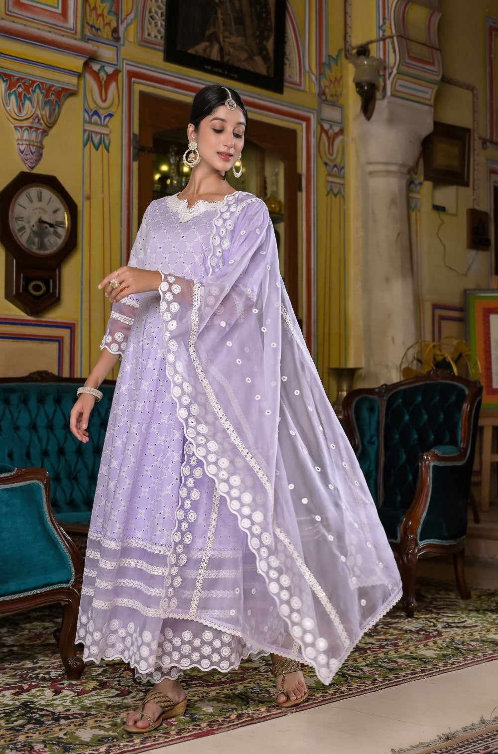 Anarkali Elegance with Delicate Chikankari & Sequined Charm , 3 pcs set with Organza dupatta