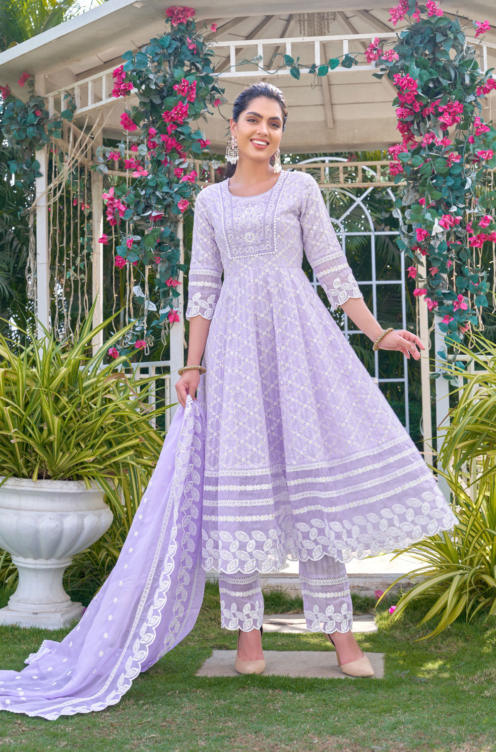 Alluring Cotton Lino Dobby 3 pcs Anarkali Set With Organza Dupatta