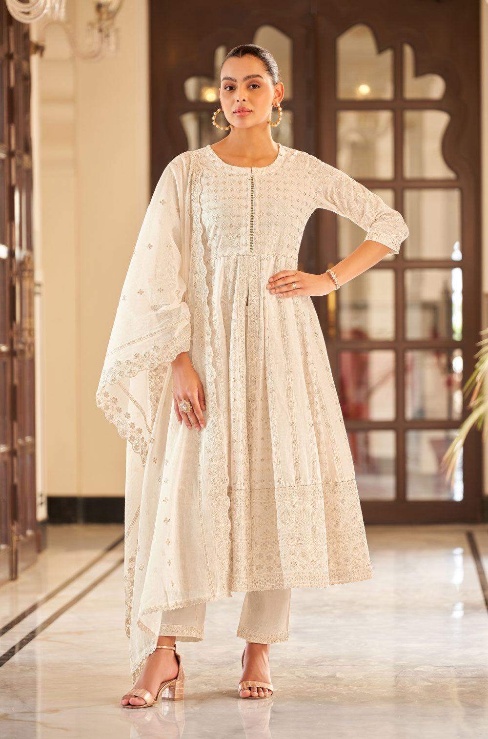Embroidered in Gold - Off-White Chikankari Anarkali 3-Piece Set