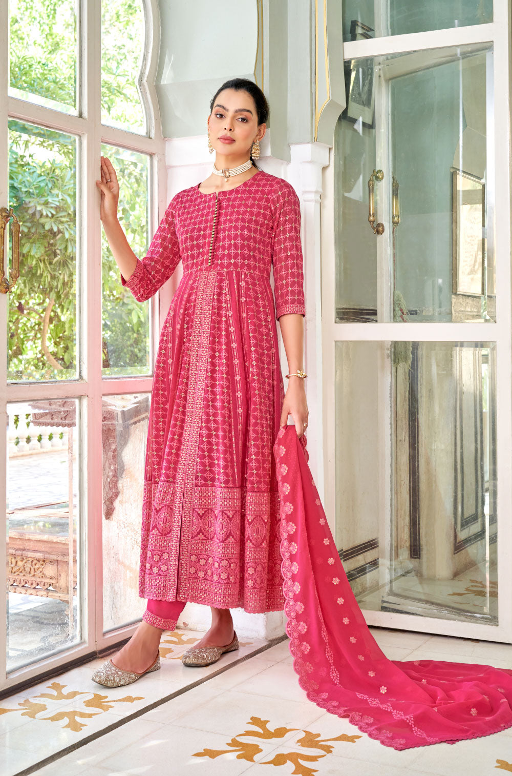 Fuchsia Pink Anarkali, Pants & Dupatta with Chikankari