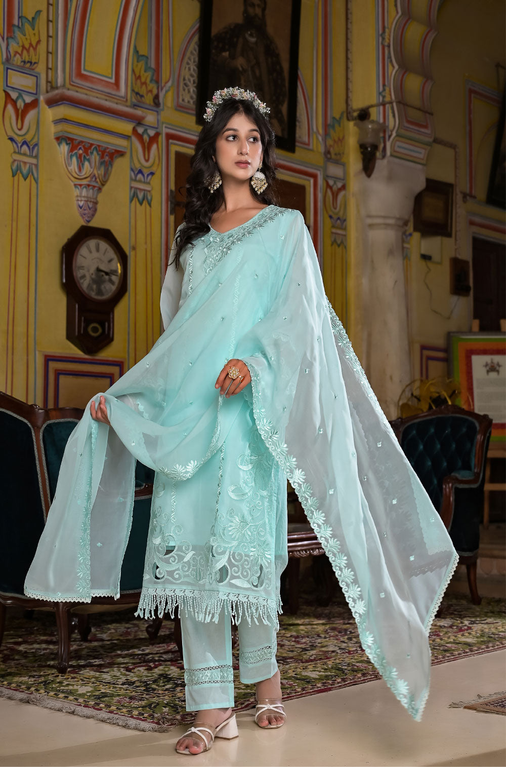 3-Piece Aqua Organza Kurta Set with Delicate Cut Work