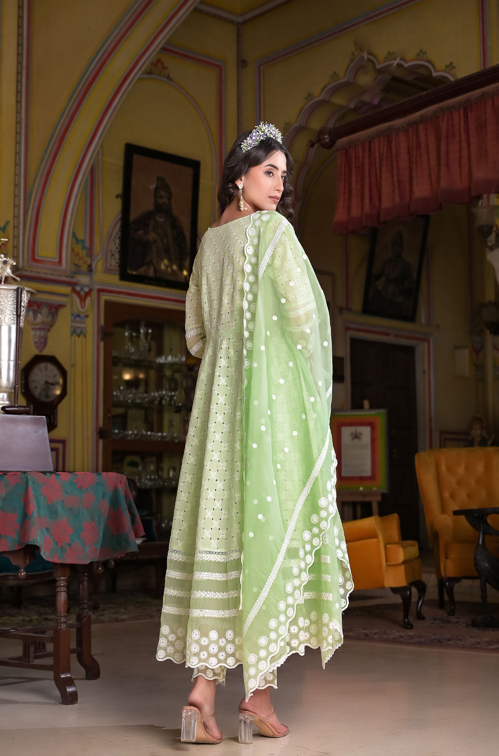 Empire chikankari pure cotton 3 pcs anarkali set with trousers and organza dupatta