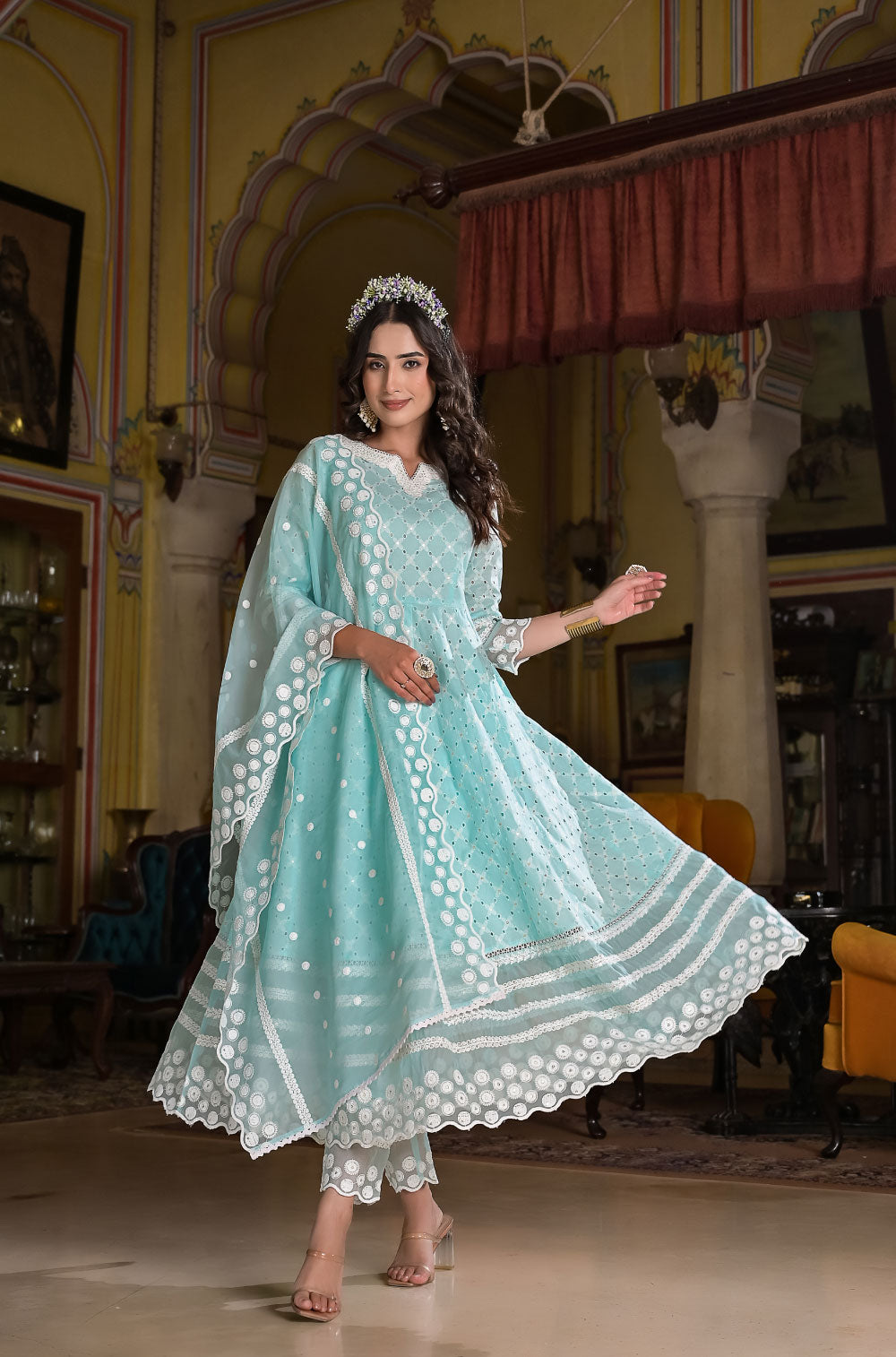 Pastel Chikankari Anarkali Set in Sea Green Cotton