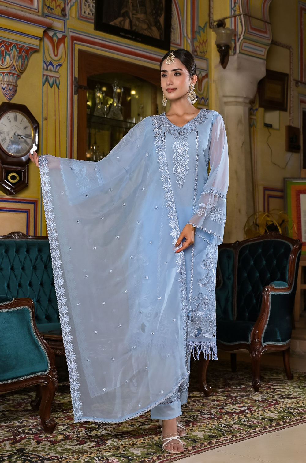 Powder Blue Organza 3-Piece Kurta Set with Delicate Cut Work Embroidery
