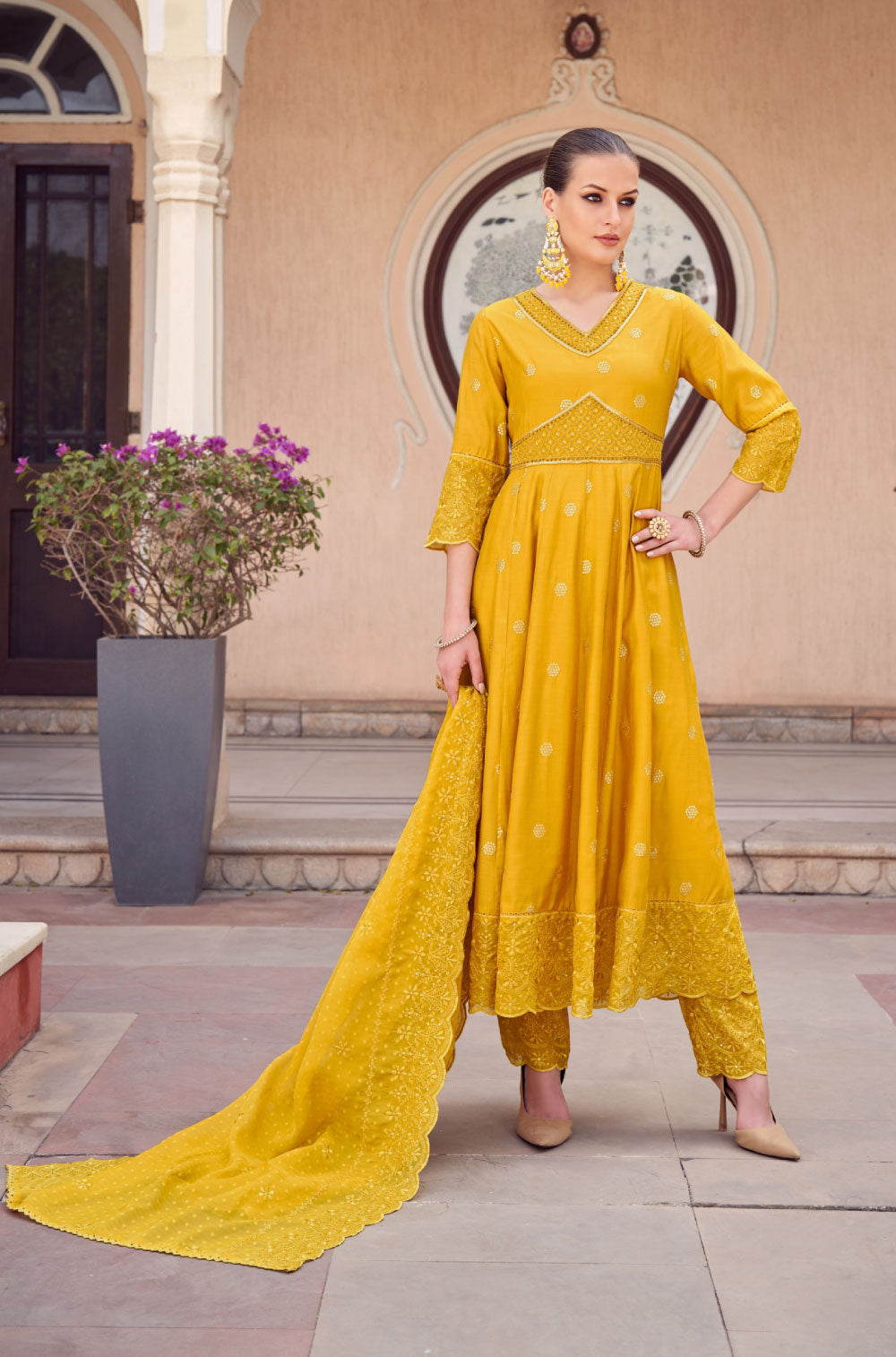 Mustard Silk Anarkali Set with Organza Flair