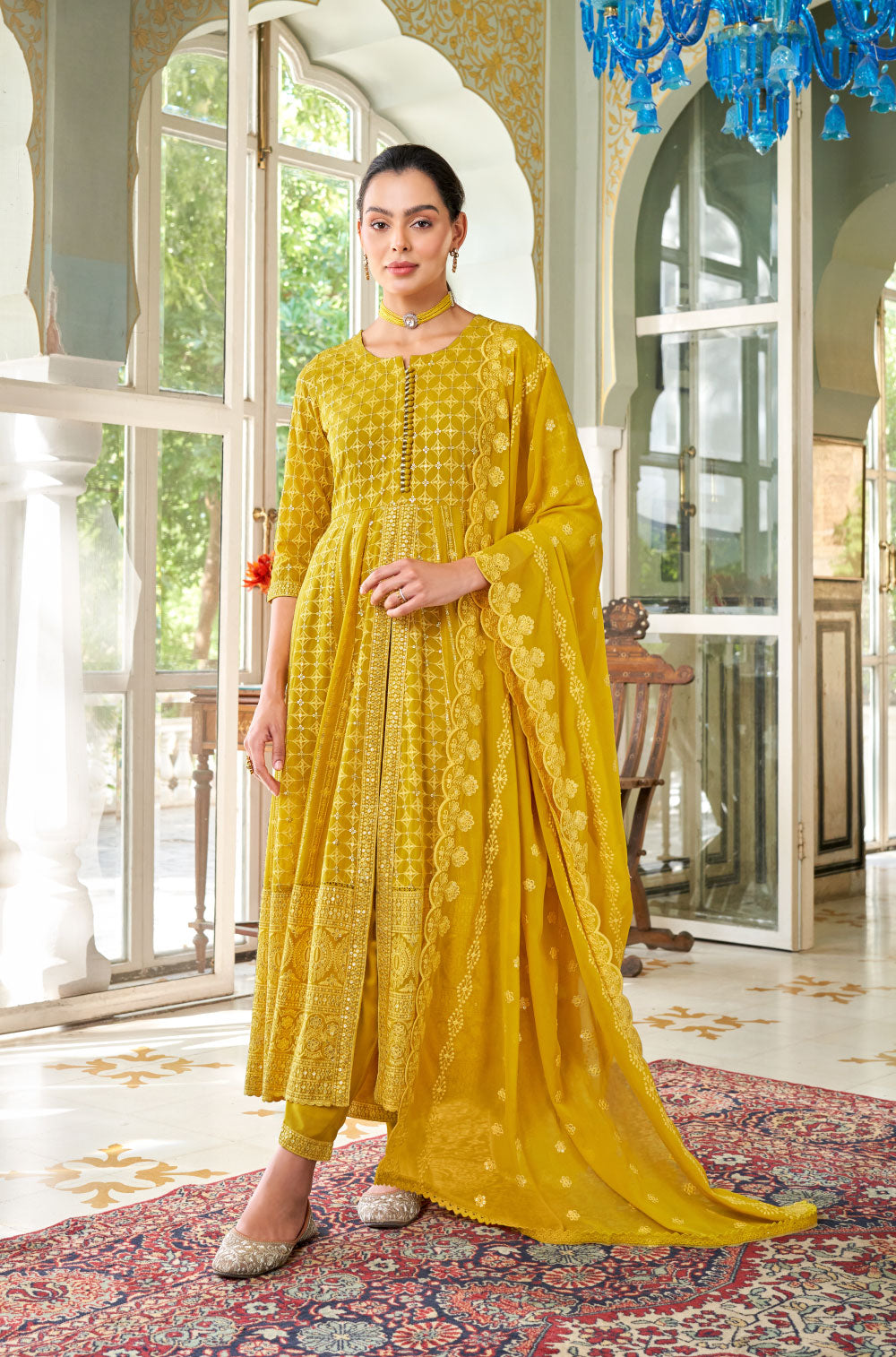 3-Piece Mustard Yellow Georgette Anarkali Set with Chikankari & Gold Sequins.