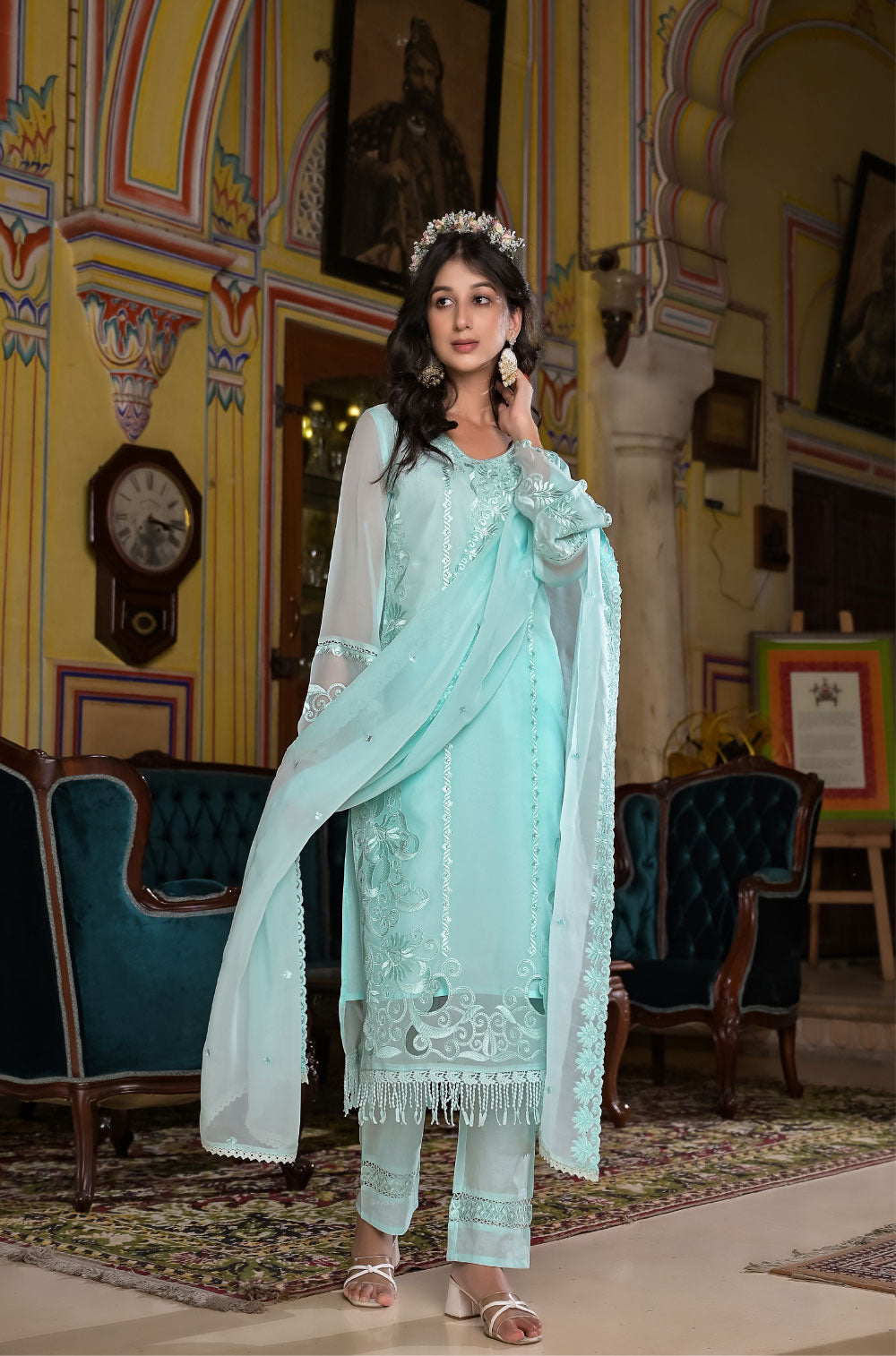 3-Piece Aqua Organza Kurta Set with Delicate Cut Work