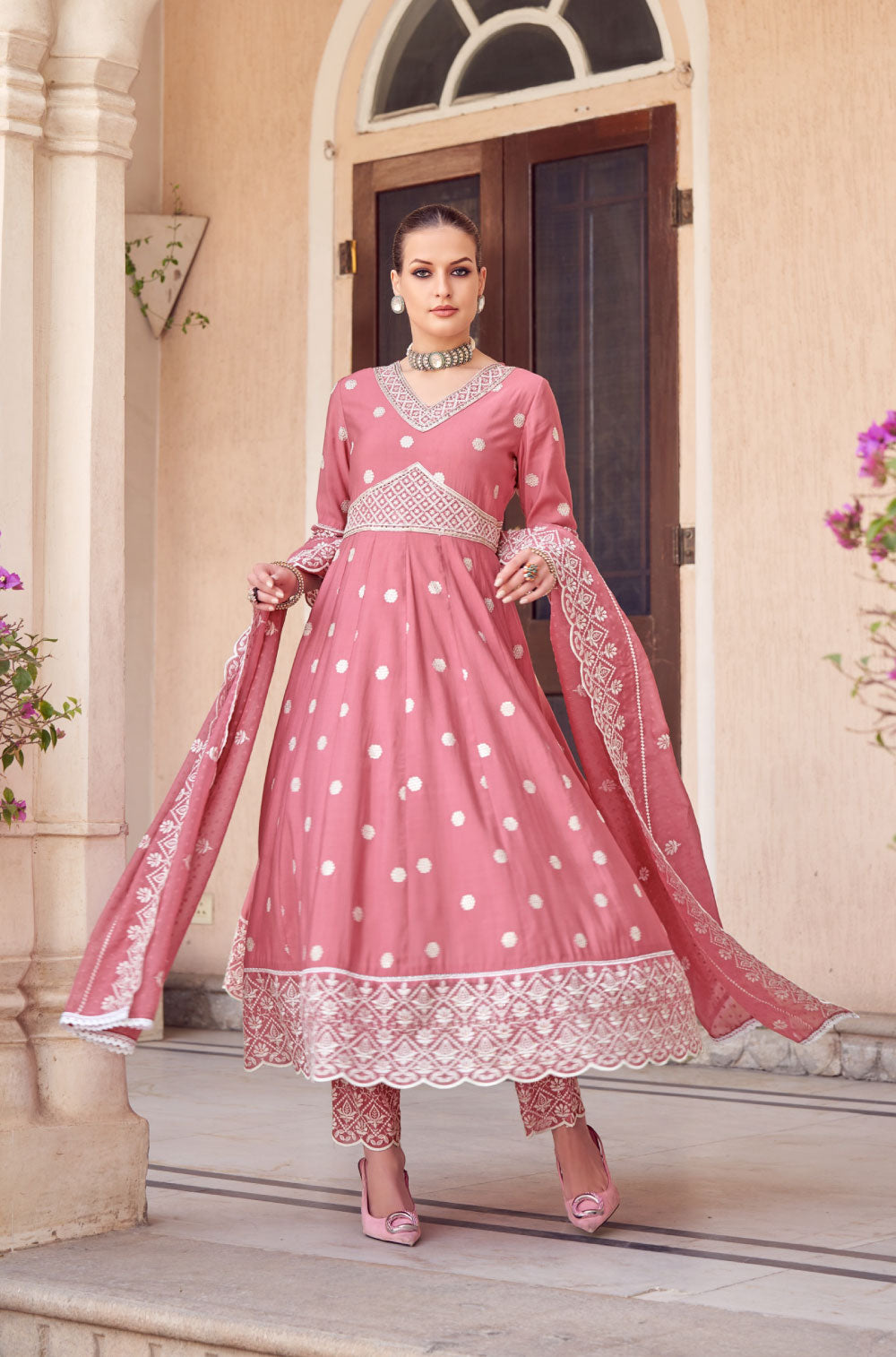 The Mauve Pink Anarkali Set with Handcrafted Embellishments