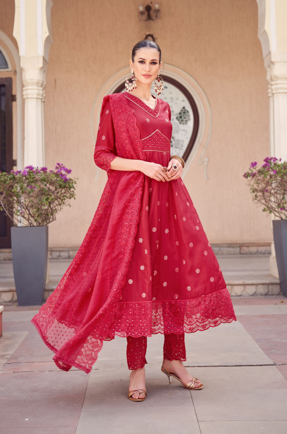 Anarkali Set in Fuchsia Pink with Organza Embroidered Dupatta