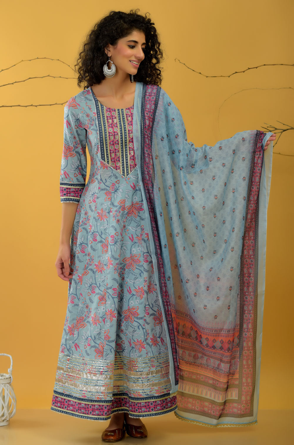 Printed Cotton Cambric Anarkali Set with Lace & Dupatta