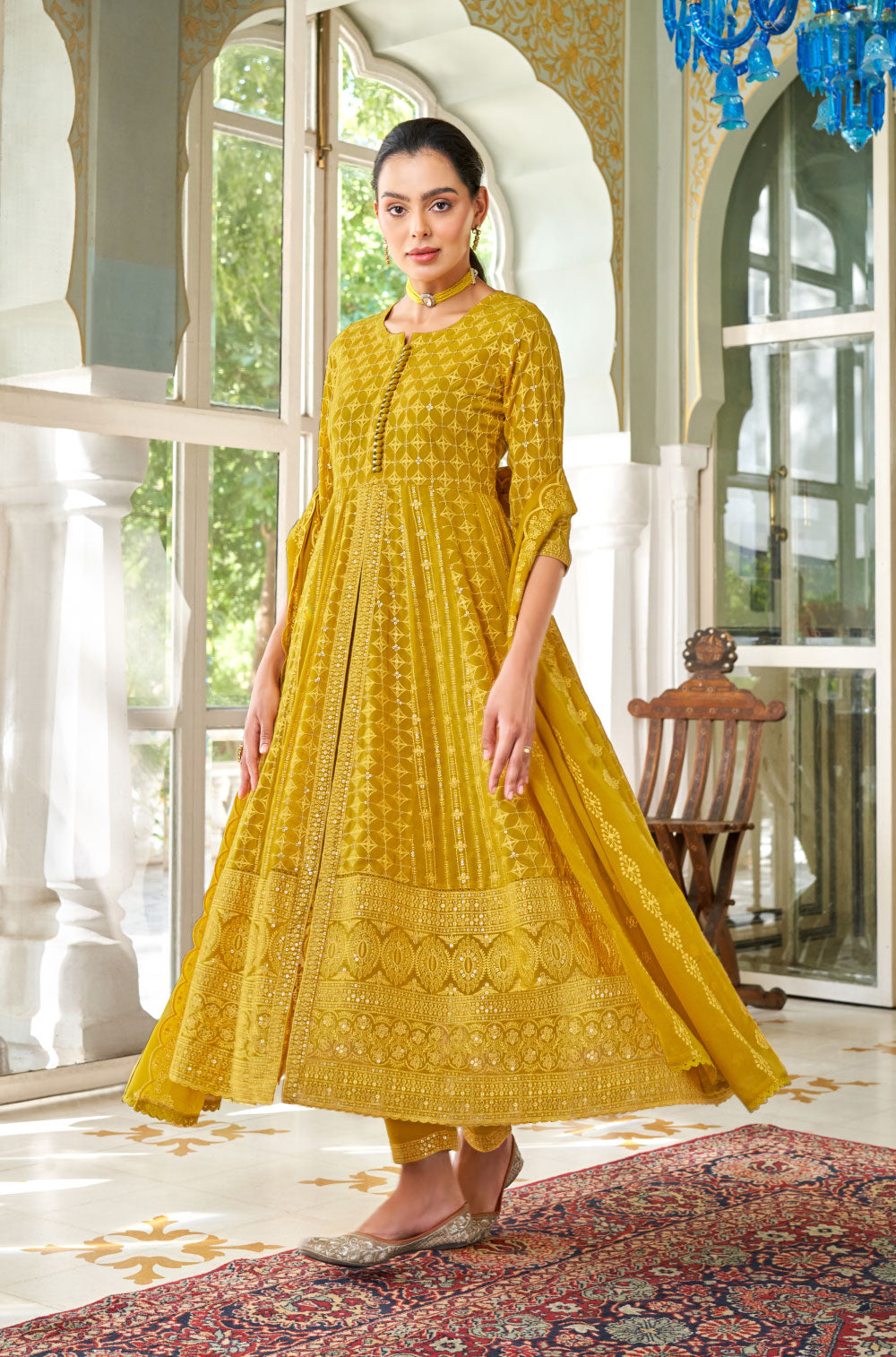 3-Piece Mustard Yellow Georgette Anarkali Set with Chikankari & Gold Sequins.