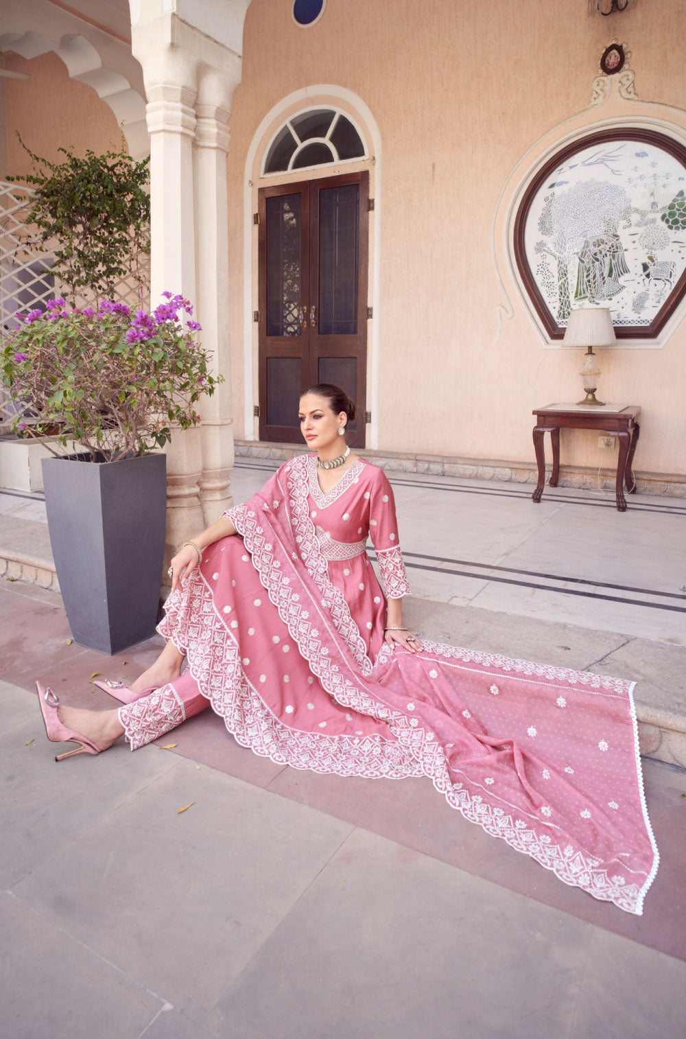 The Mauve Pink Anarkali Set with Handcrafted Embellishments