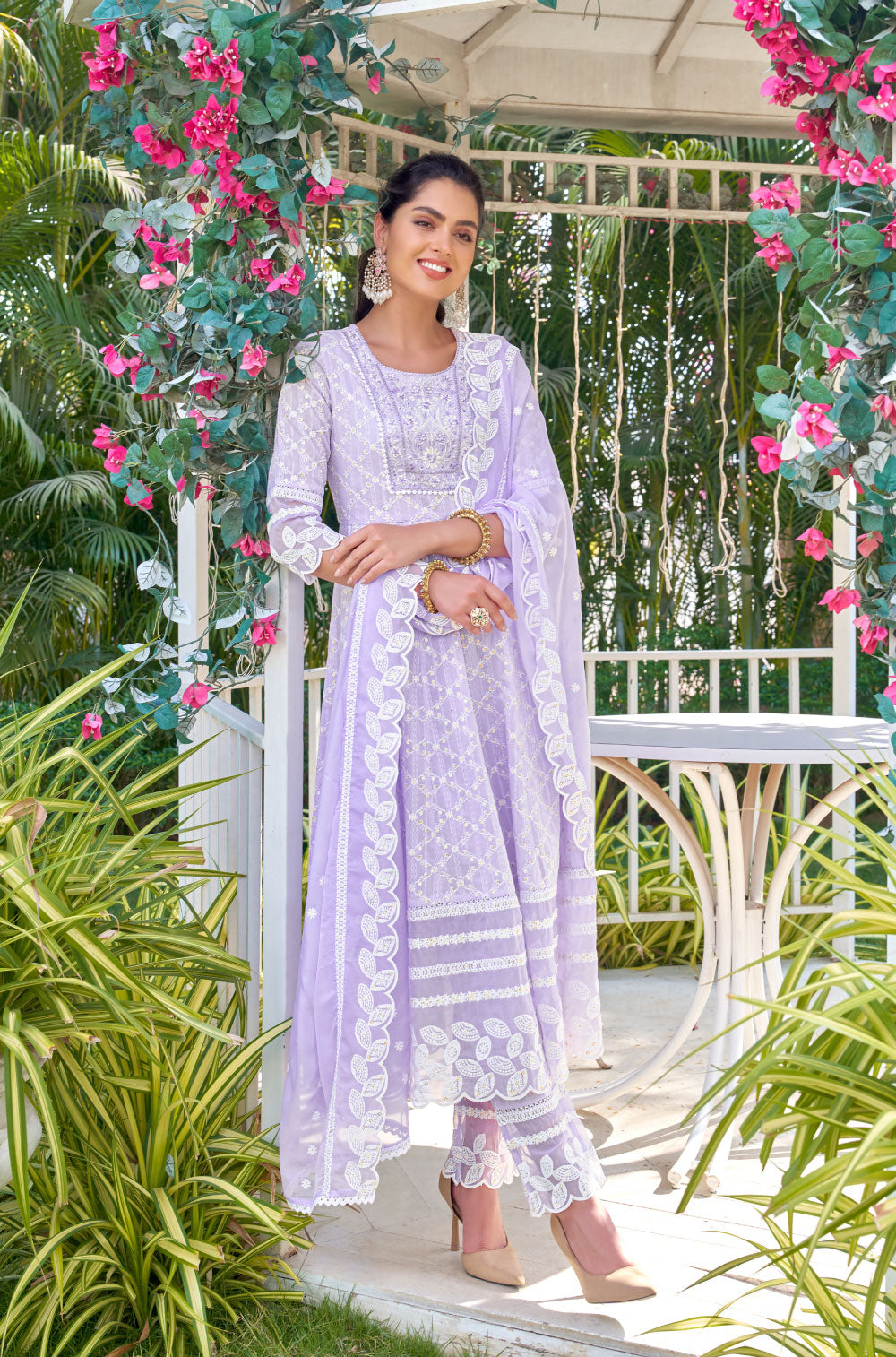 Alluring Cotton Lino Dobby 3 pcs Anarkali Set With Organza Dupatta