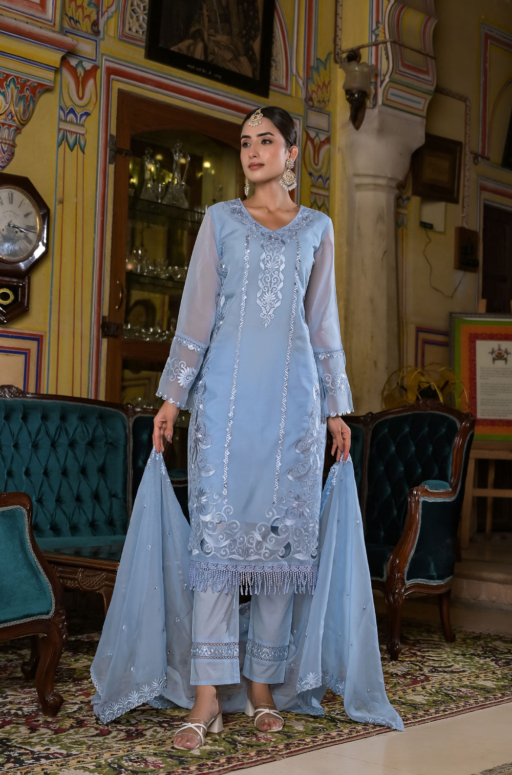 Powder Blue Organza 3-Piece Kurta Set with Delicate Cut Work Embroidery