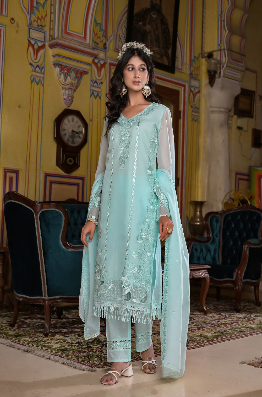 3-Piece Aqua Organza Kurta Set with Delicate Cut Work