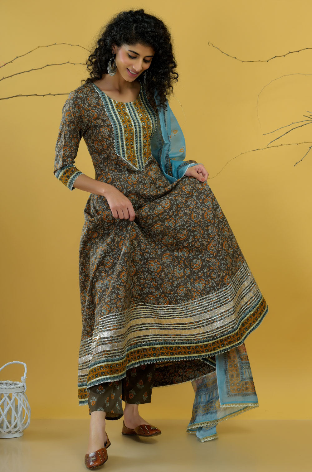 Army Green Anarkali Set with Chanderi Dupatta in traditional style