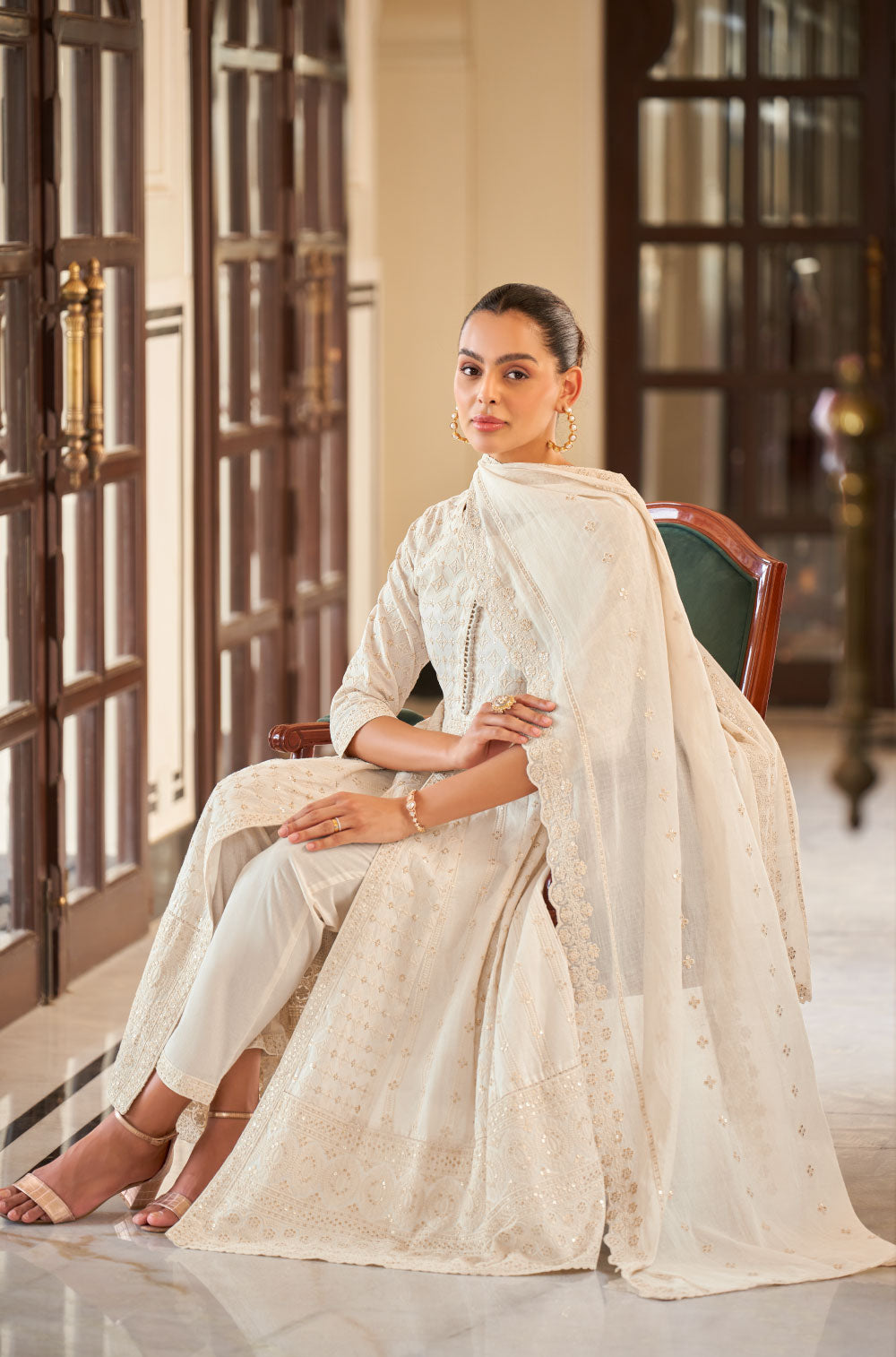 Embroidered in Gold - Off-White Chikankari Anarkali 3-Piece Set