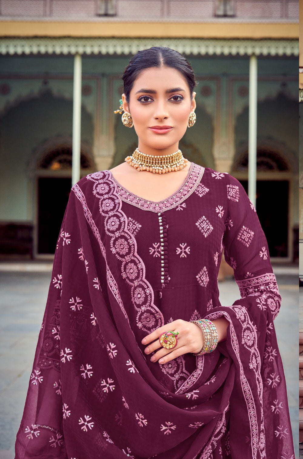 Wine Georgette Anarkali Set with Sequin Work