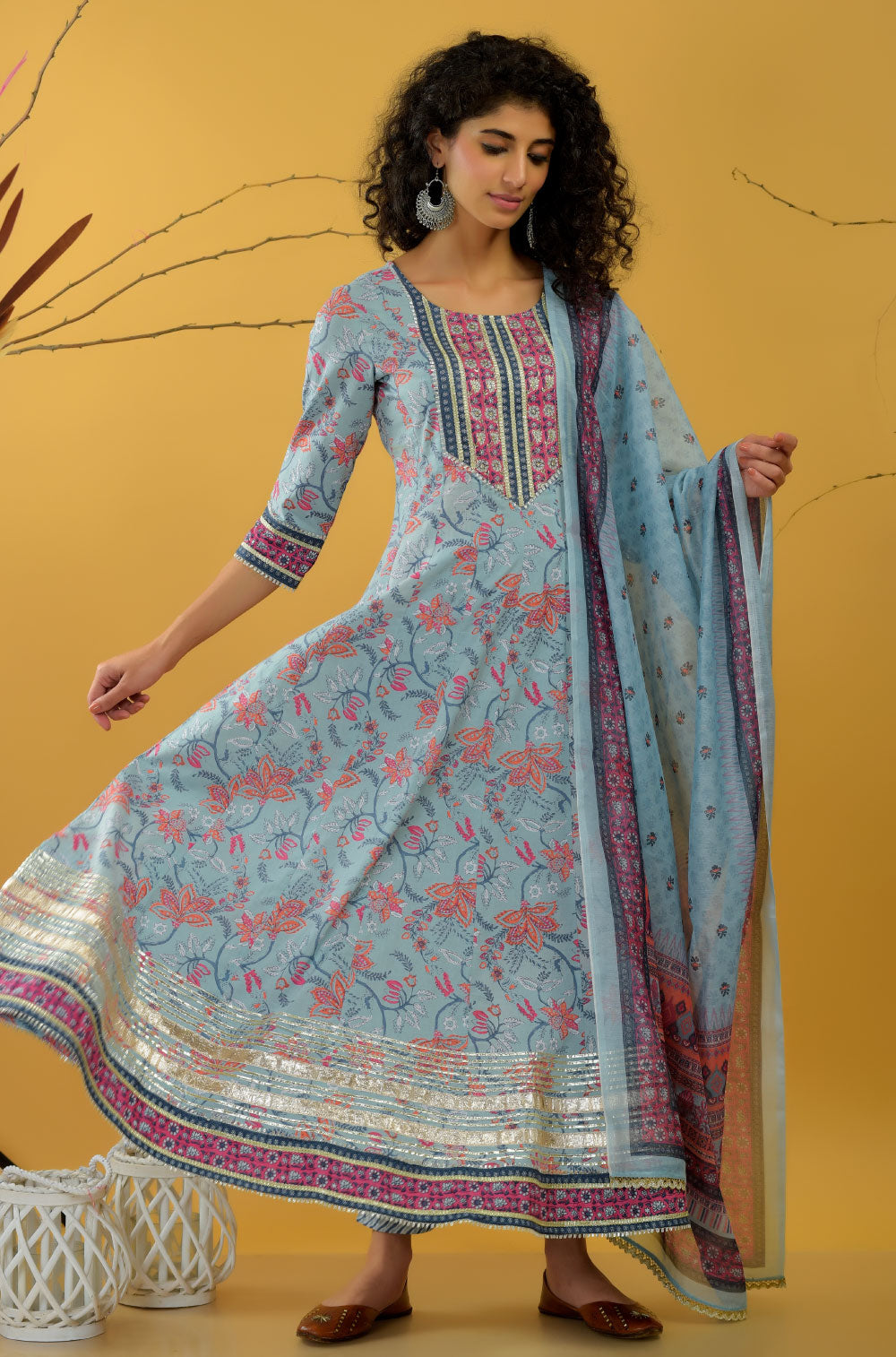 Printed Cotton Cambric Anarkali Set with Lace & Dupatta