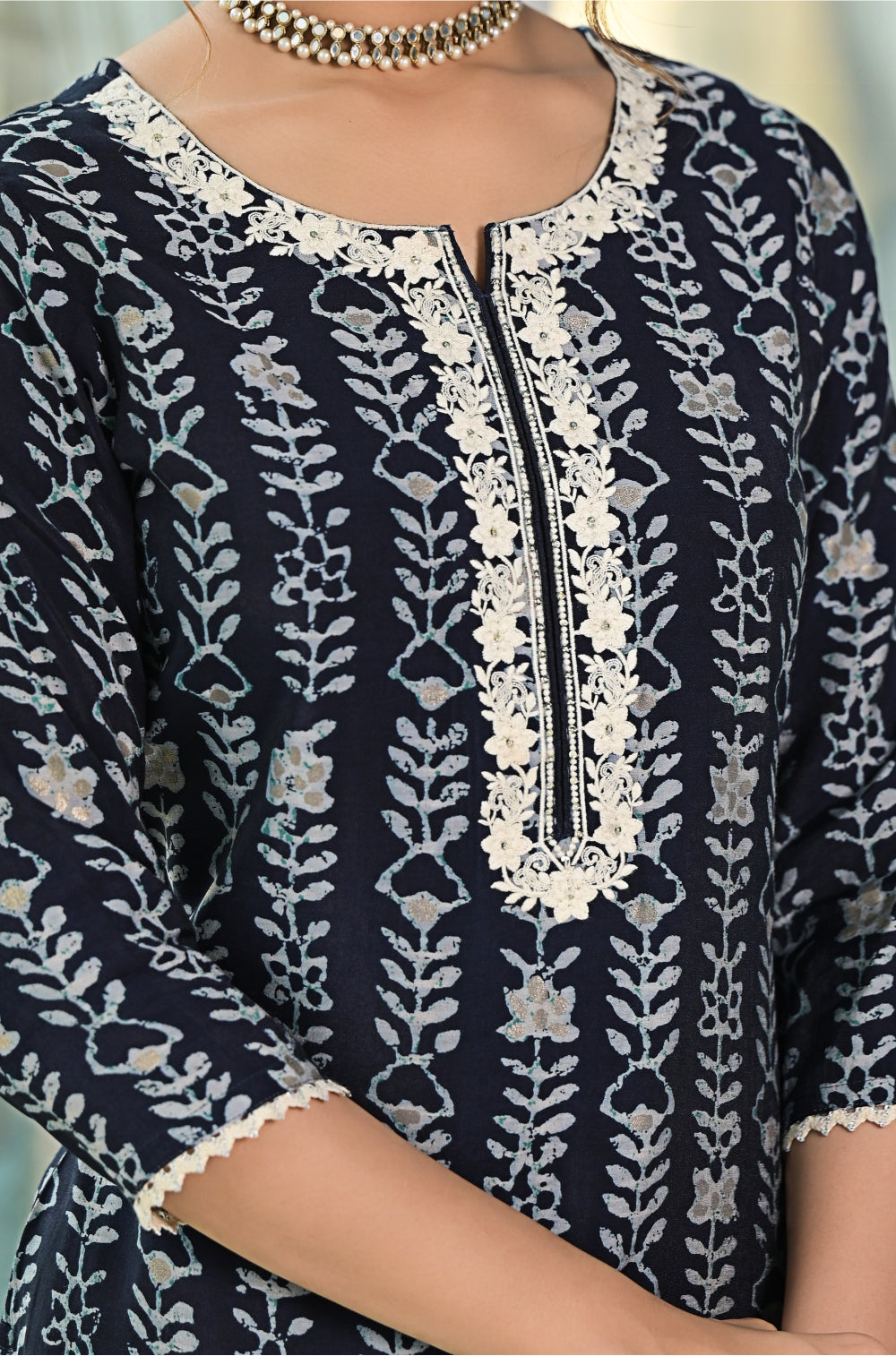 Navy Blue Sharara 3-piece Set with Dobby Detailing and Gota Work