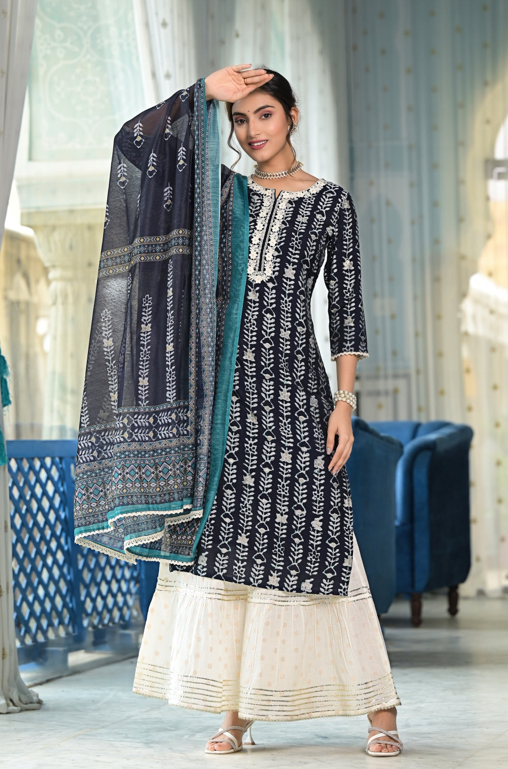 Navy Blue Sharara 3-piece Set with Dobby Detailing and Gota Work