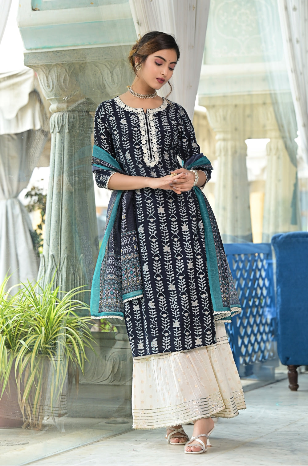 Navy Blue Sharara 3-piece Set with Dobby Detailing and Gota Work