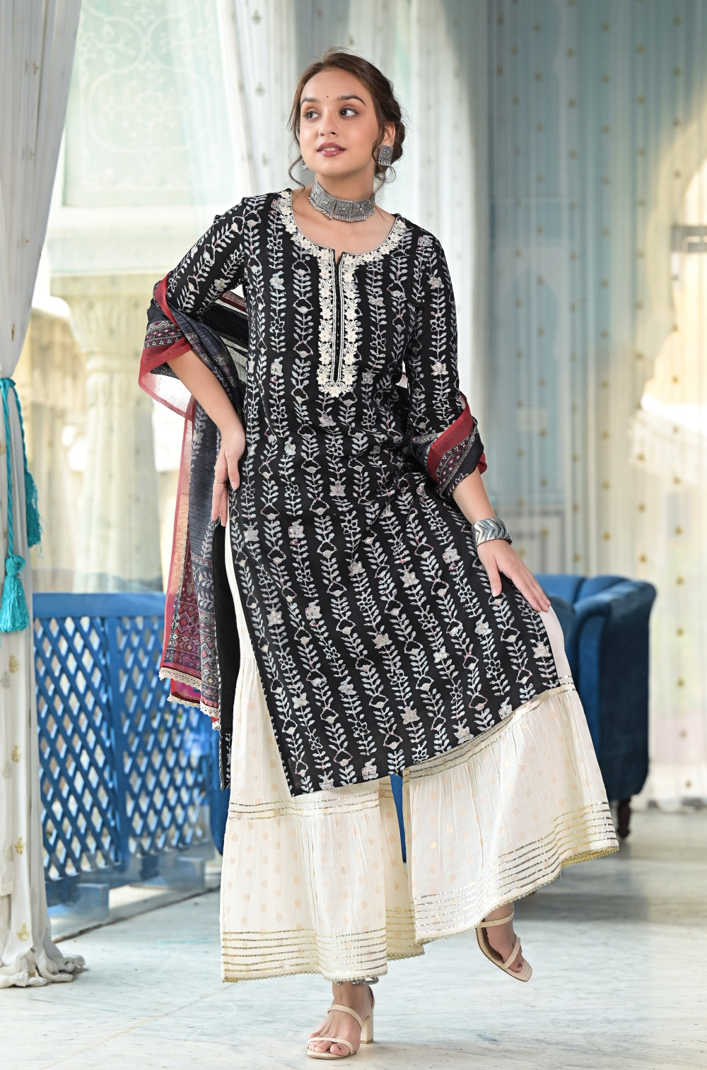 Black Sharara 3-piece Set with Exquisite Embroidery and Golden Booti