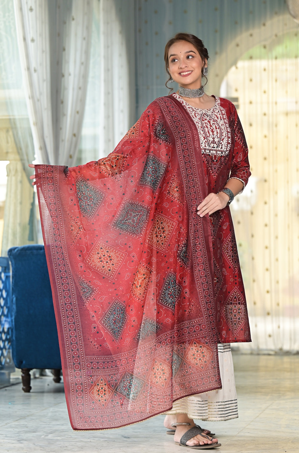 Sharara 3-piece Set in Blue with Exquisite Embroidery & Golden Buta