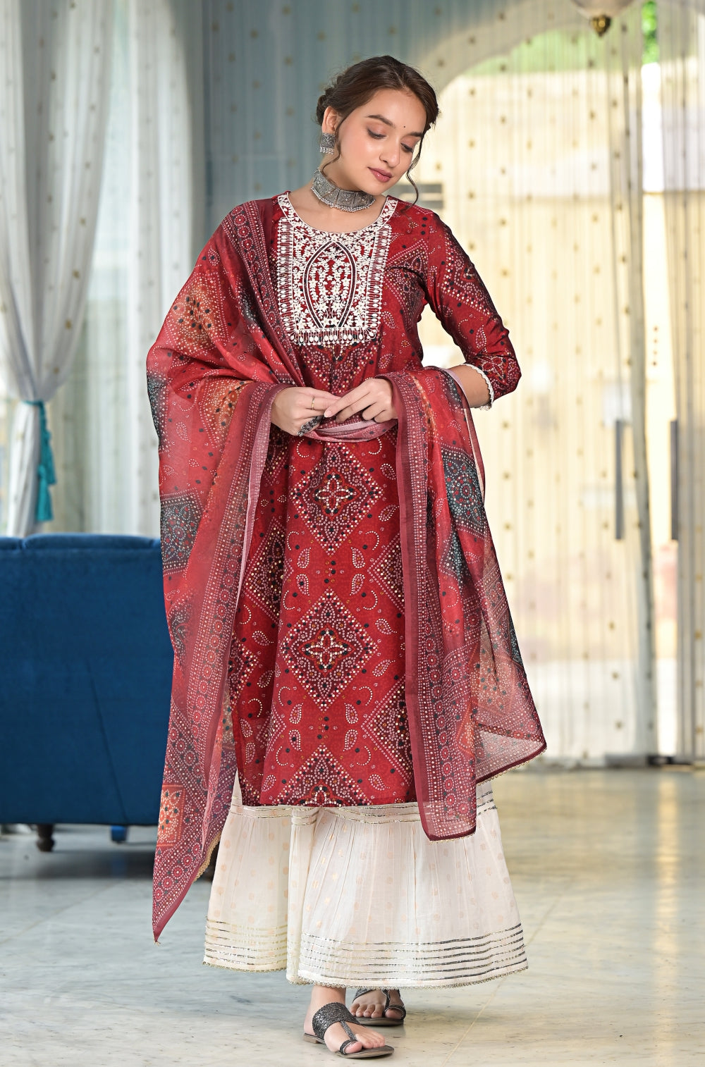 Sharara 3-piece Set in Blue with Exquisite Embroidery & Golden Buta