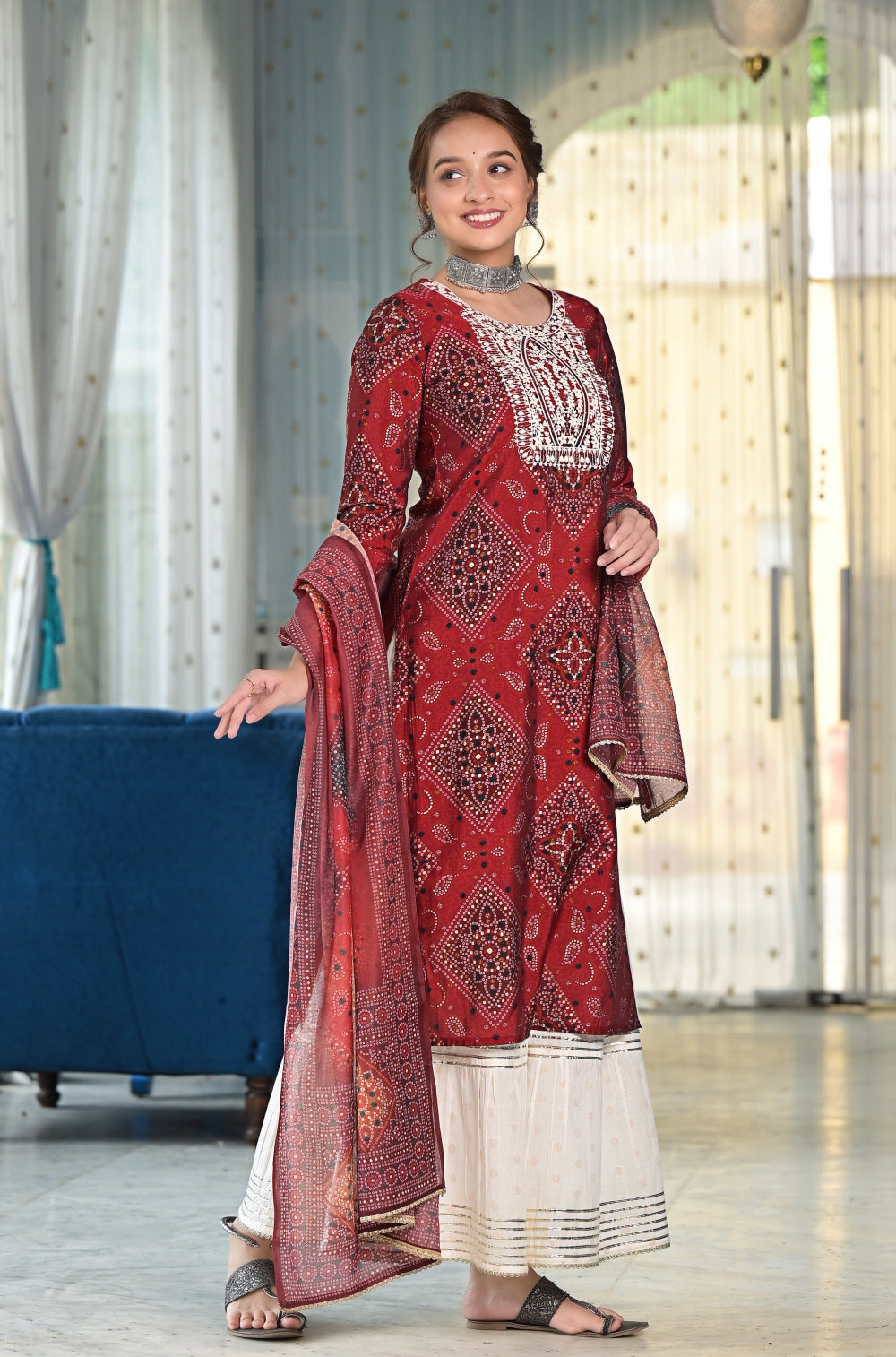 Sharara 3-piece Set in Blue with Exquisite Embroidery & Golden Buta