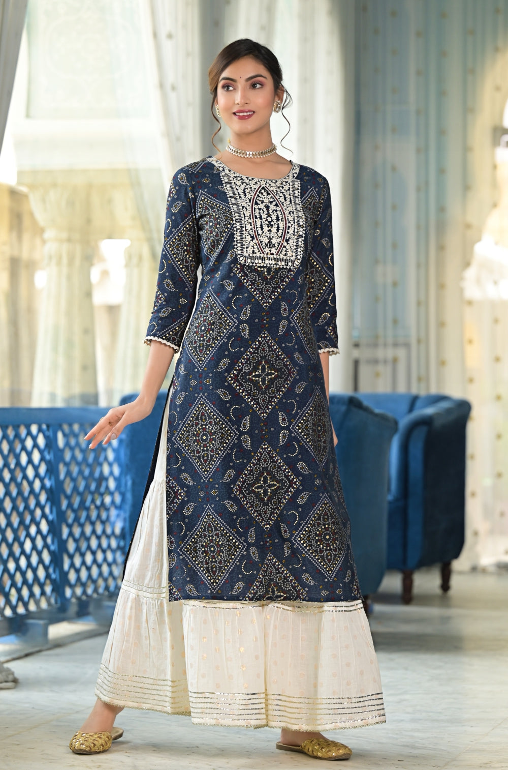 Bandhani Silk Blend Sharara 3-piece Set in Reddish Maroon